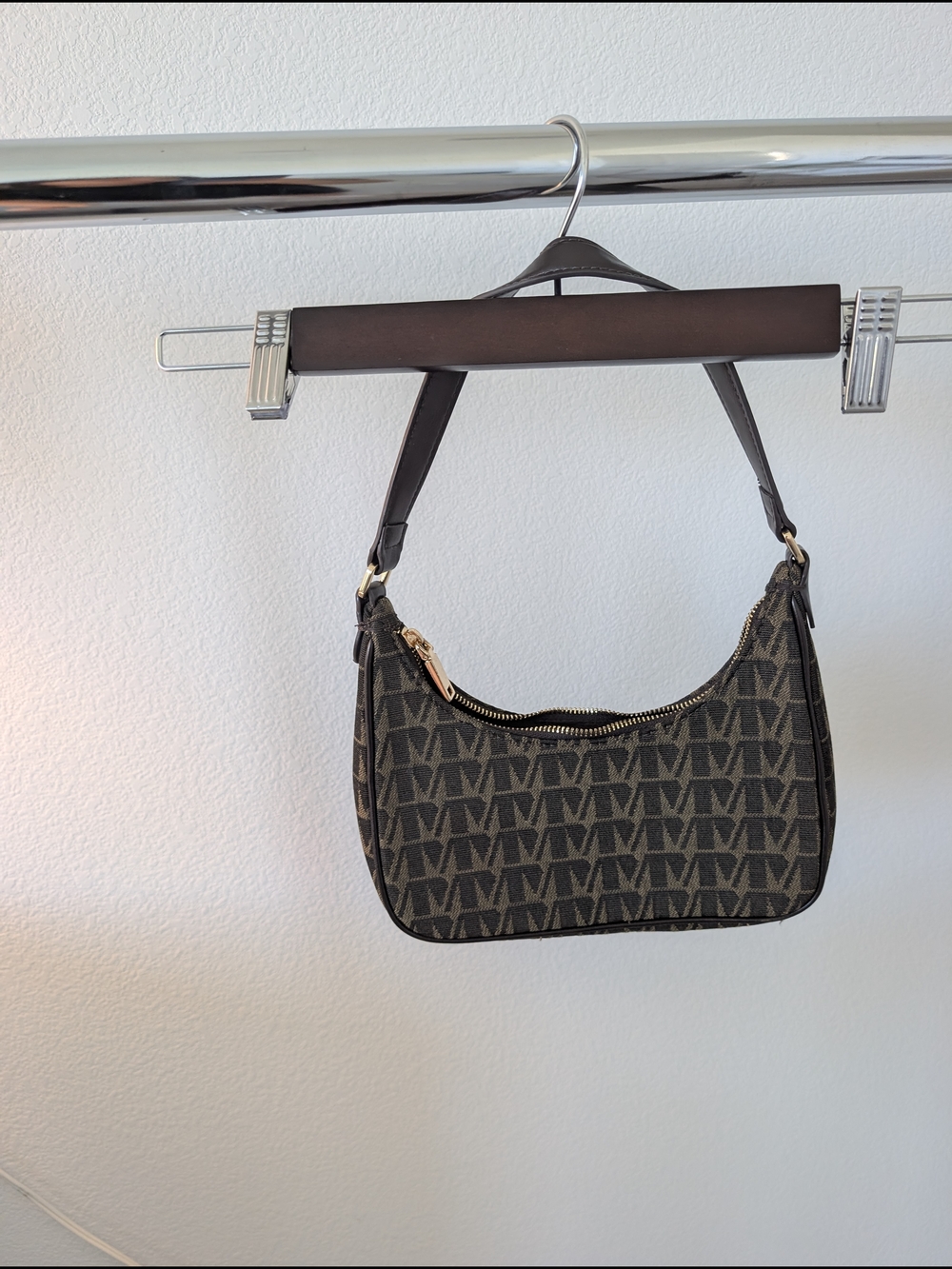 Mango Brown Monogram Shoulder Bag with Gold Hardware